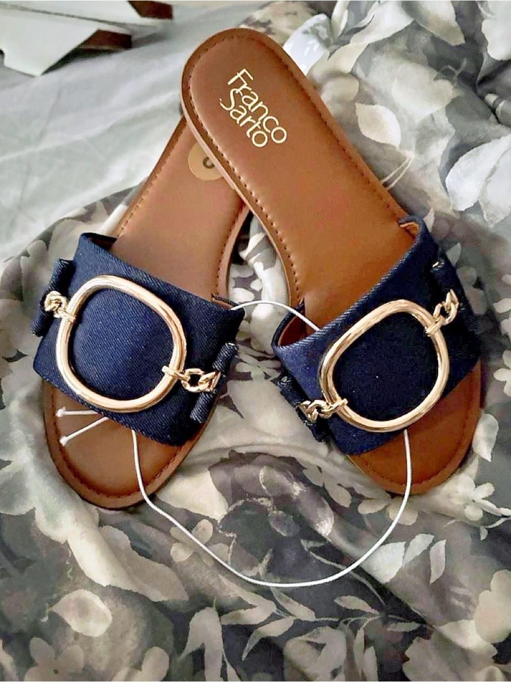 Franco Sarto Navy Slide Sandals with Gold Ring Accent